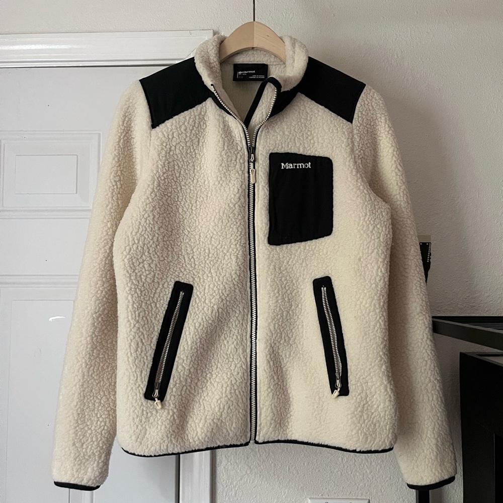 MARMOT cream black faux shearling Teddy outdoor athletic zip up jacket